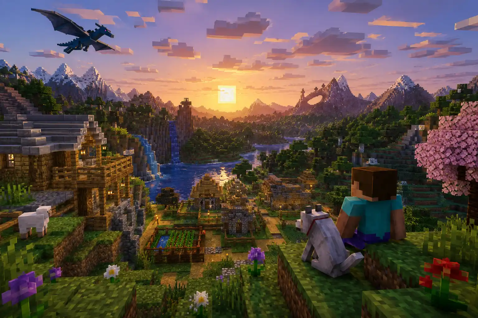 Minecraft player sitting beside a wolf on a grassy hill overlooking a village, river, mountains, forests, and sunset landscape.
